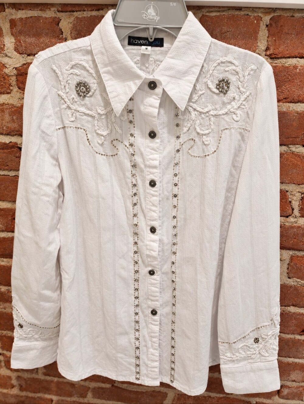 Havenbleu Women M White Embroidered Western Shirt Beaded Rhinestone Boho Cowgirl